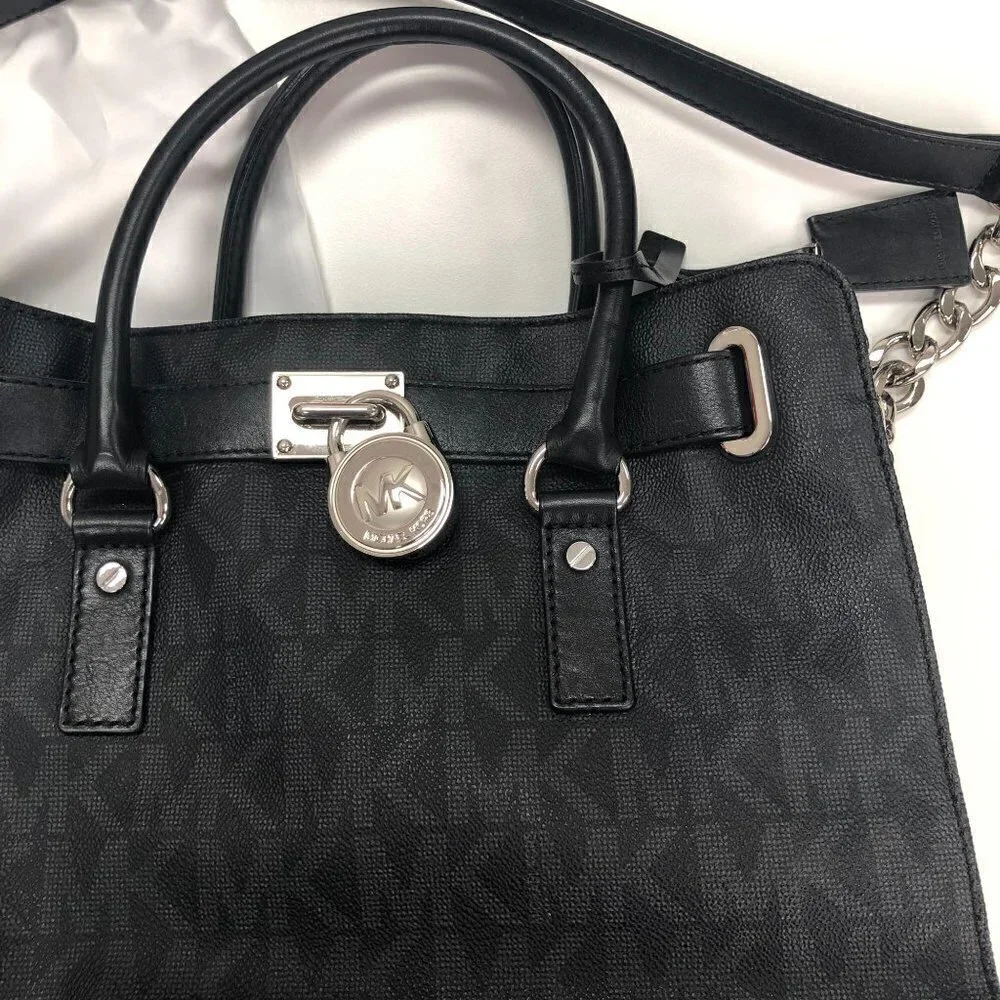 Michael Kors Black Logo Monogram Large Hamilton Satchel Bag Handbag Purse - Picture 3 of 8
